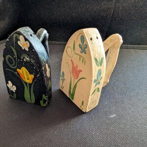 Hand-painted miniature cast iron flat irons with floral designs